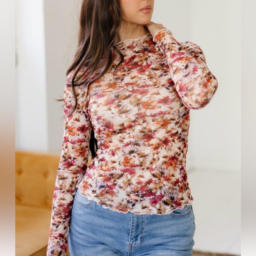 Sheer Floral Mesh Lettuce Hem Long Sleeve Top